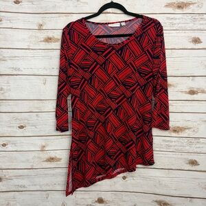 Susan Graver Red Patterned Asymmetric Hem Blouse Small
